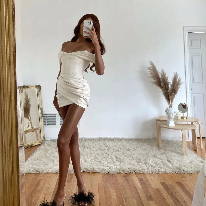white satin off the shoulder mini dress Satin Ruched Off-Shoulder Sleeveless Mini Dress White / L