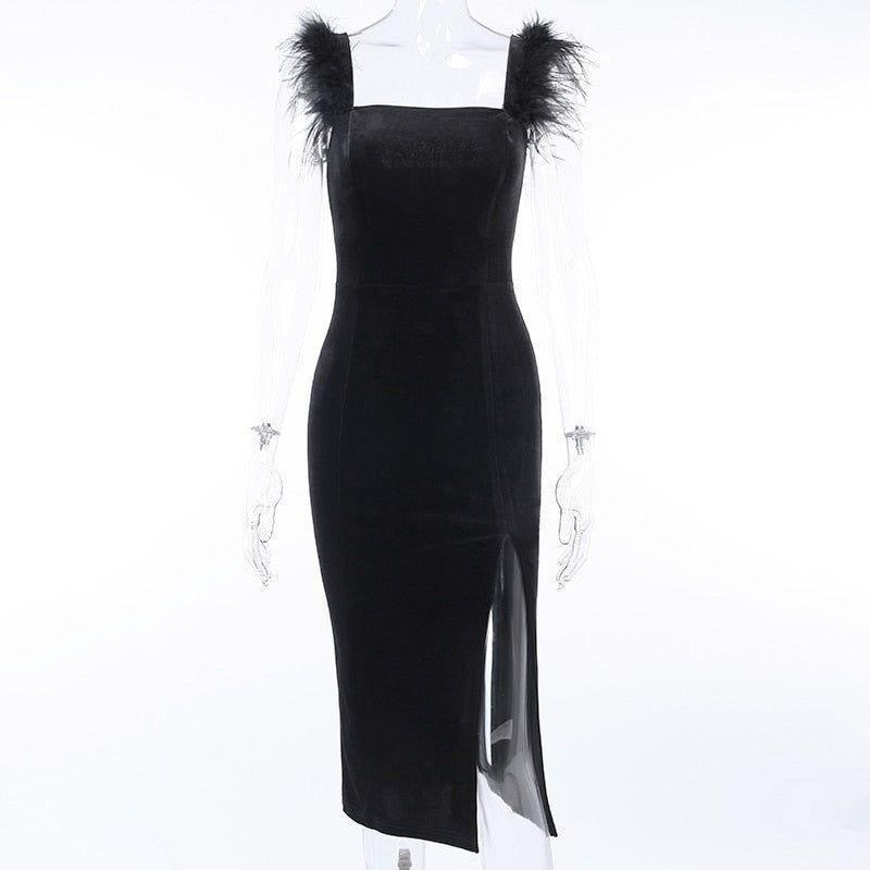 Alba Feather Velvet Midi Dress - Black / S - Mermaid Way