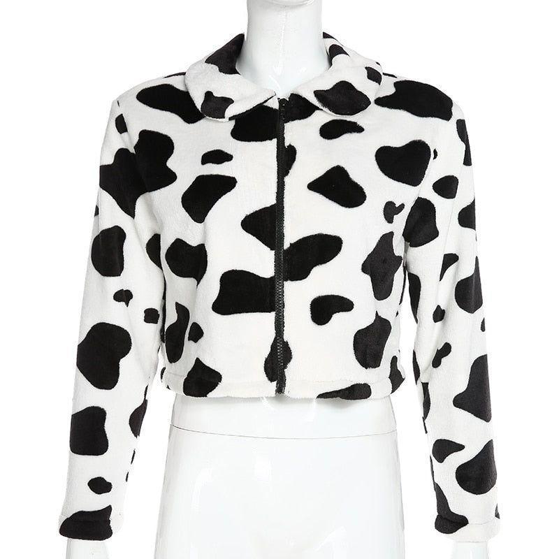 Alvina Cow Pattern Plush Jacket - Cow Print / S - Mermaid Way