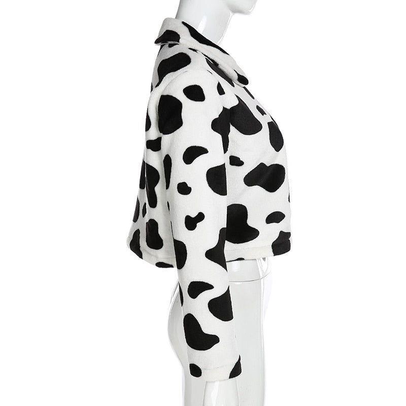 Alvina Cow Pattern Plush Jacket - Cow Print / S - Mermaid Way