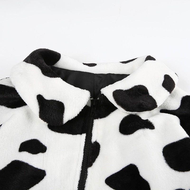 Alvina Cow Pattern Plush Jacket - Cow Print / S - Mermaid Way