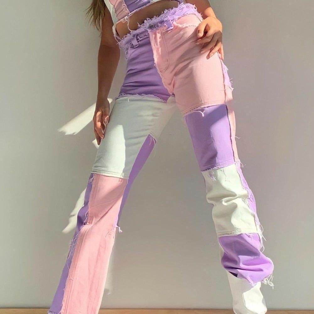 Amela Patchwork High-Waisted Jeans - Pink / XS - Mermaid Way