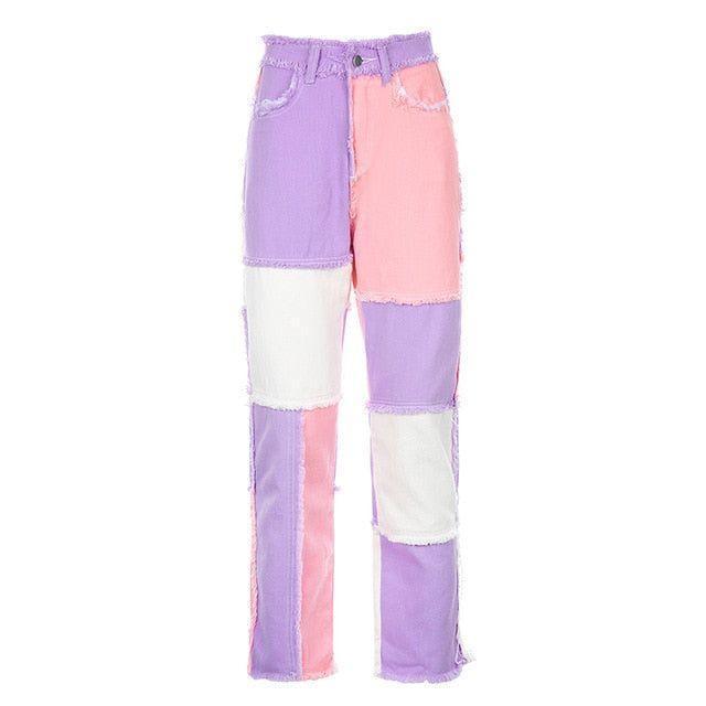 Amela Patchwork High-Waisted Jeans - Pink / XS - Mermaid Way