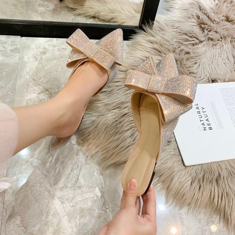 Amelia Oversized Bow Glitter Slippers - Beige / 4.5 - Mermaid Way