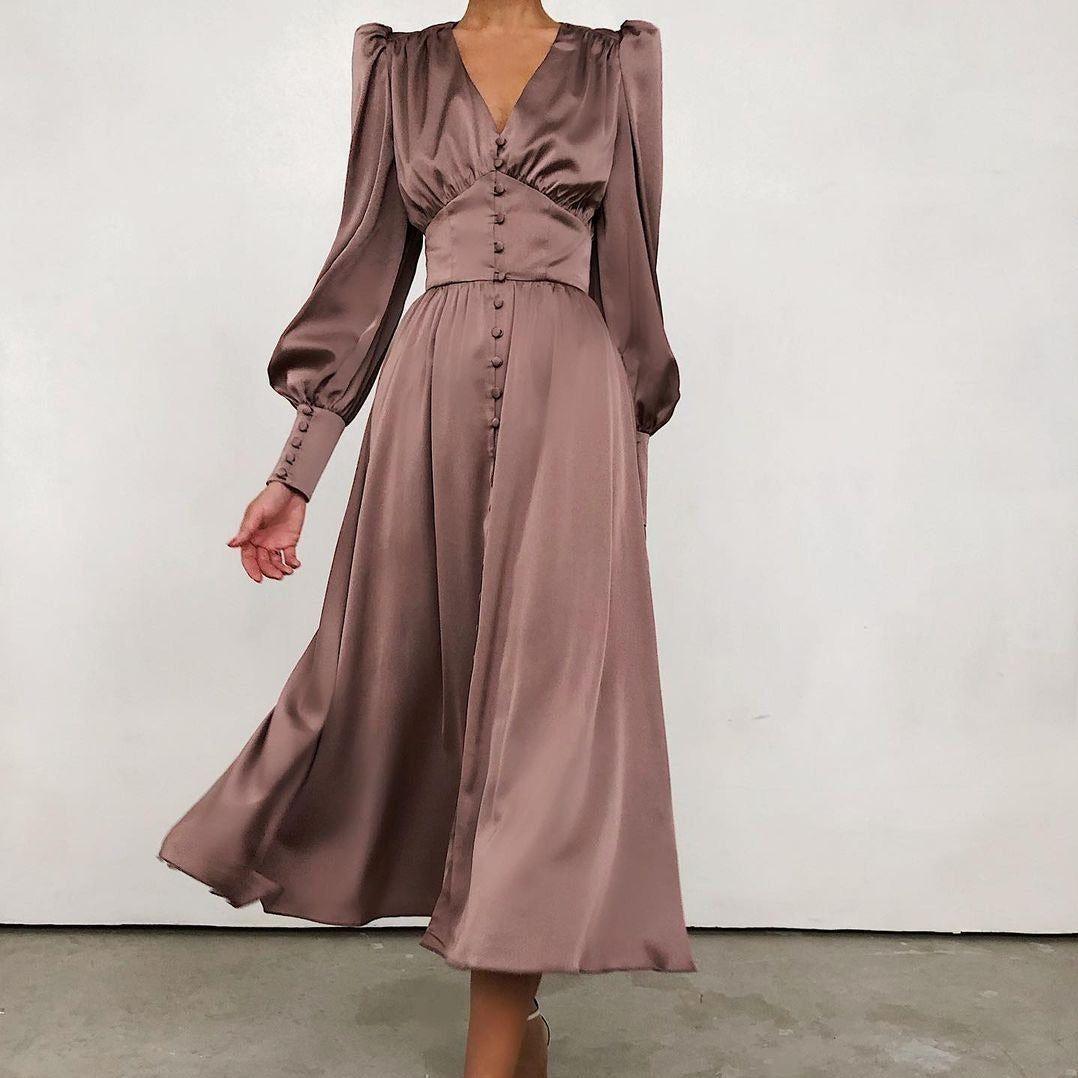 Angela Lantern Sleeve Satin Midi Dress - Brown / S - Mermaid Way