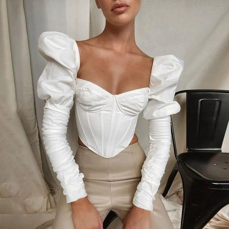 Augusta Puff Sleeve Corset Crop Top - White / S - Mermaid Way
