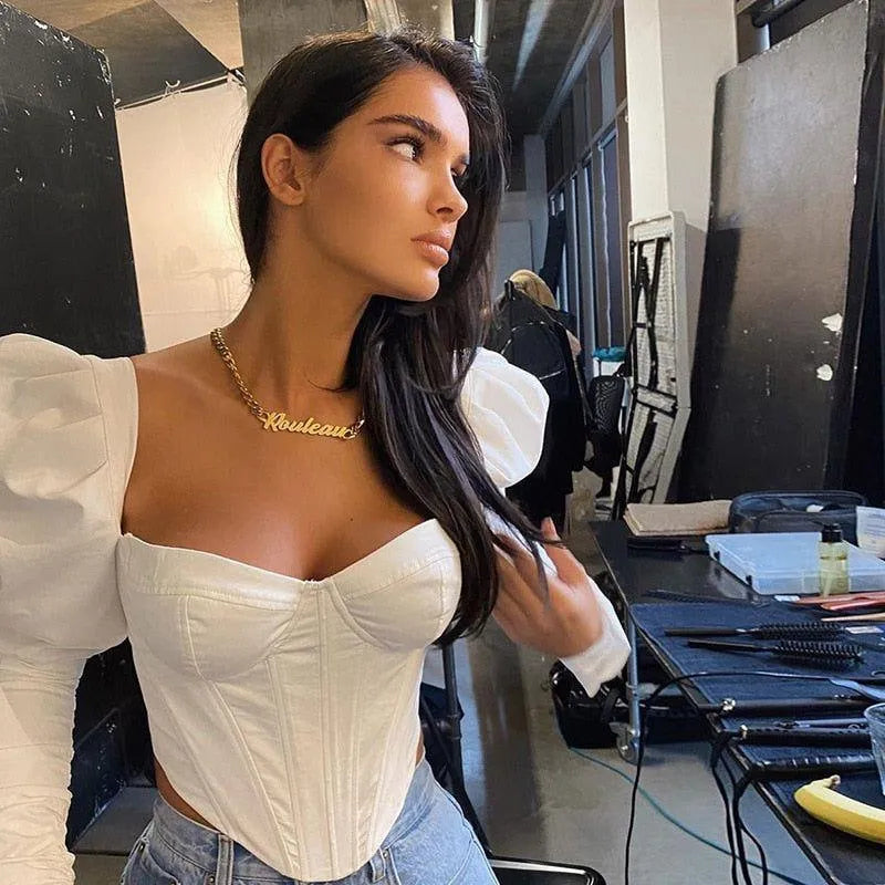 Augusta Puff Sleeve Corset Crop Top - White / S - Mermaid Way