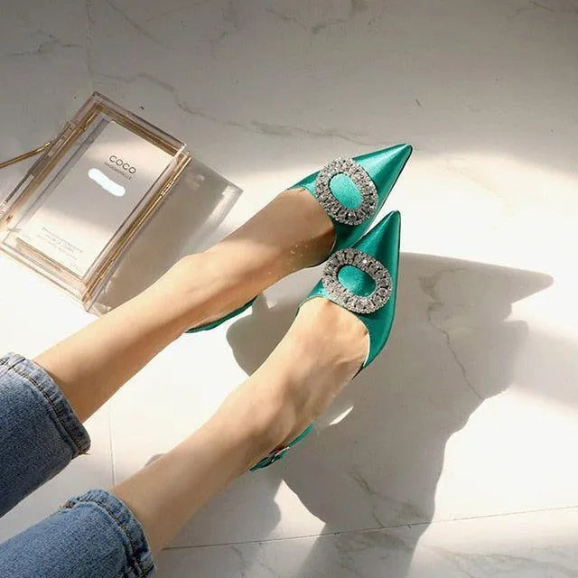 Avila Rhinestone Decor Satin Heels - Dark Green / 4 - Mermaid Way