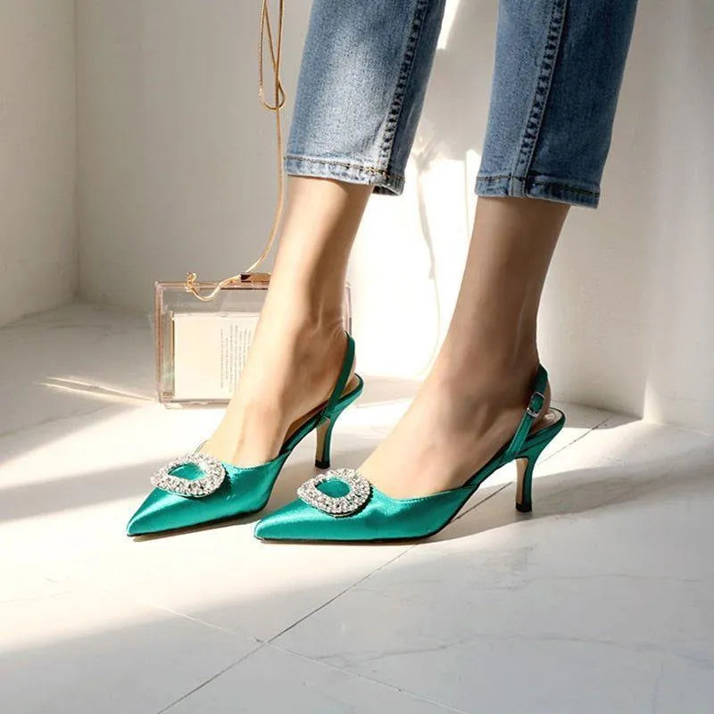 Avila Rhinestone Decor Satin Heels - Dark Green / 4 - Mermaid Way