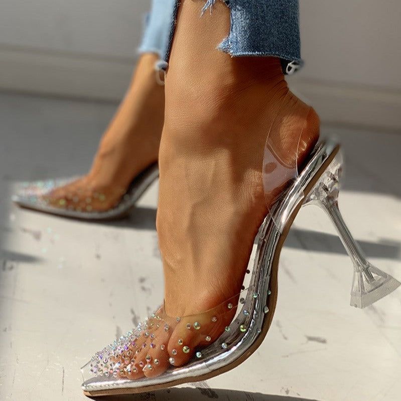 Teaser Transparent Rhinestone Pointed Toe Heels - Shoes - Mermaid Way