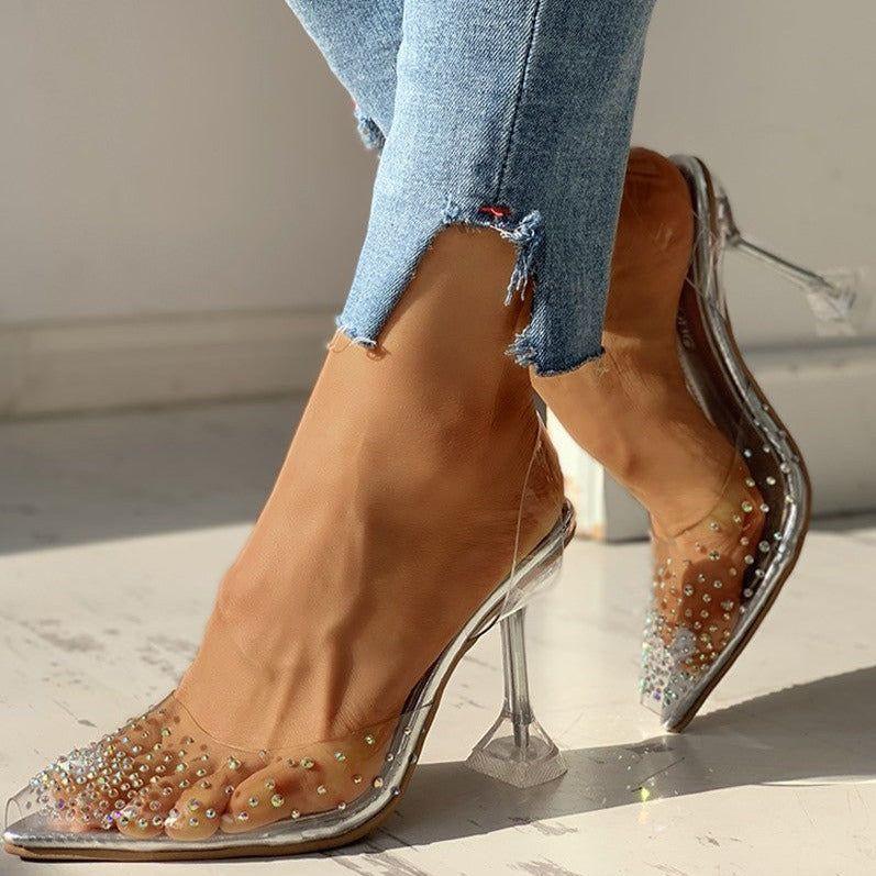 Teaser Transparent Rhinestone Pointed Toe Heels - Shoes - Mermaid Way