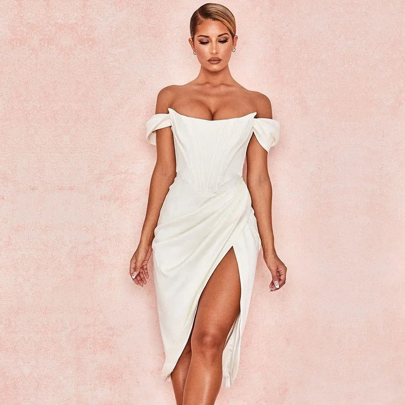 Bella Ivory Off-Shoulder Corset Dress in Satin