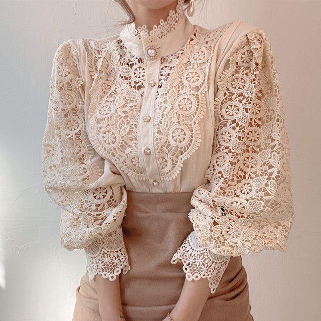 Blooms Love Lace Long Sleeve Blouse - Beige / S - Mermaid Way