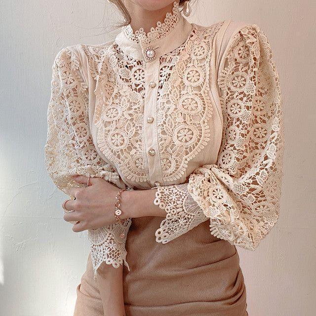 Blooms Love Lace Long Sleeve Blouse - White / S - Mermaid Way