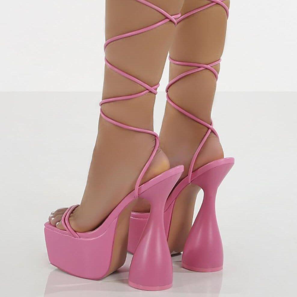 Bombshell Strappy Lace Up Chunky Platform Heels - Pink / 4 - Mermaid Way