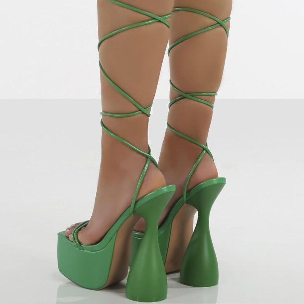 Bombshell Strappy Lace Up Chunky Platform Heels - Green / 4 - Mermaid Way