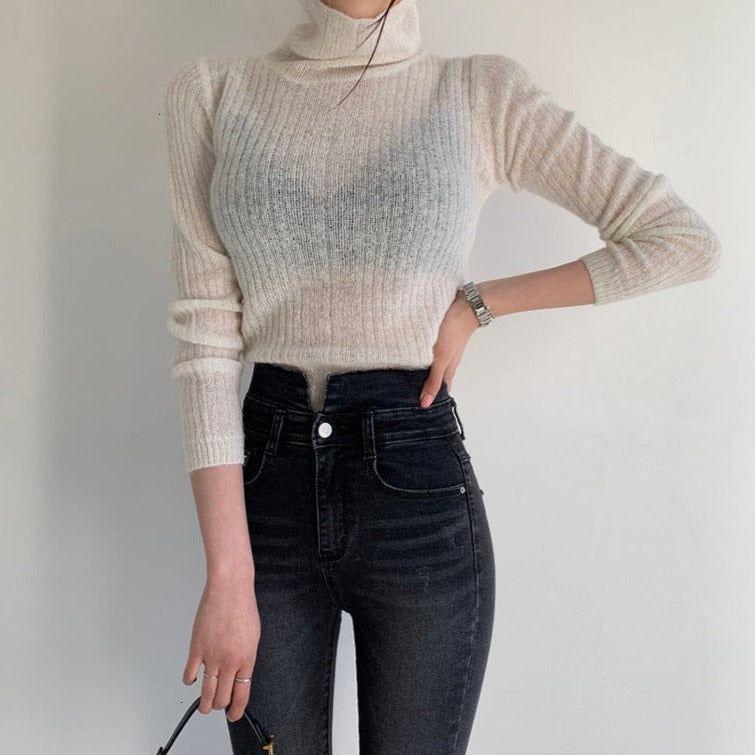 Brandy Turtleneck Ribbed Knit Crop Sweater - White / One Size - Mermaid Way