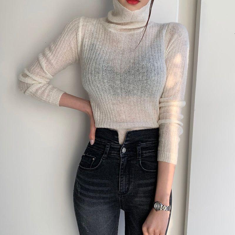 Brandy Turtleneck Ribbed Knit Crop Sweater - White / One Size - Mermaid Way