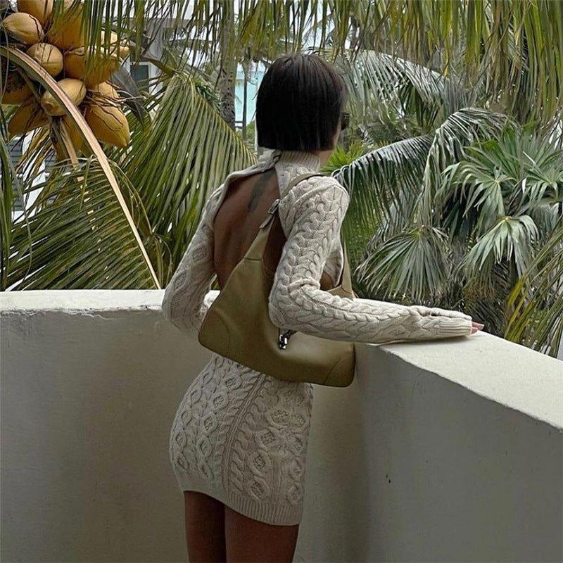 Buttermilk Knitted Long Sleeve Backless Mini Dress - Ivory / S - Mermaid Way