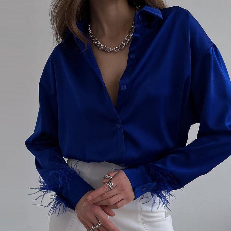 Carmelia Feather Sleeve Satin Blouse - Blue / S - Mermaid Way