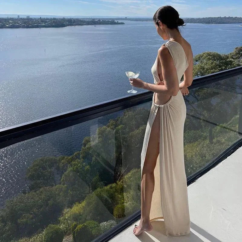 Castaway Asymmetric Cut Out Maxi Dress in Ivory Ivory / L