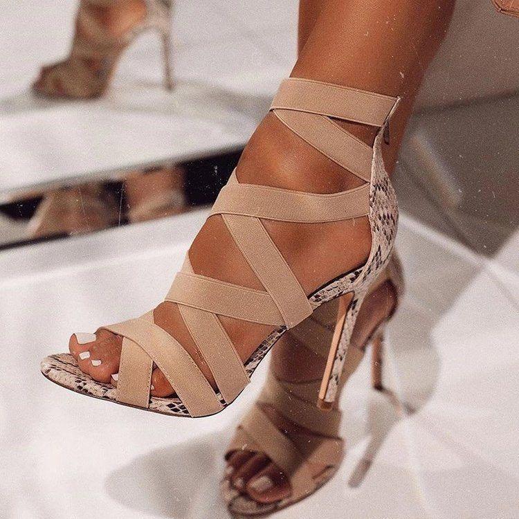 Cheeky Lace-Up Bandage Snake Heels - Beige / 6 - Mermaid Way