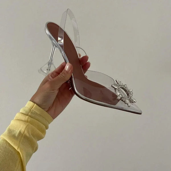 clear pointed-toe heels with crystal embellishment