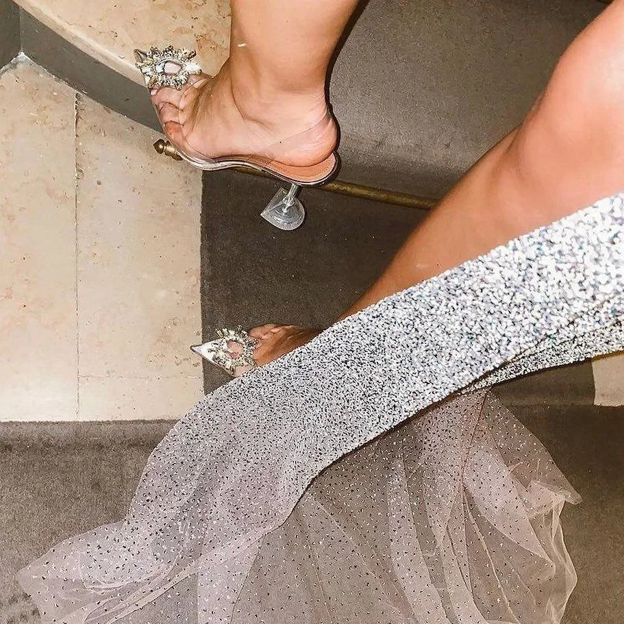 Cinderella Crystal Brooch Heels - Pointed Toe, Clear Finish Clear / 3.5 in (9 cm) / 12 Cinderella Crystal Brooch Heels - Pointed Toe, Clear Finish Clear / 3.5 in (9 cm) / 12