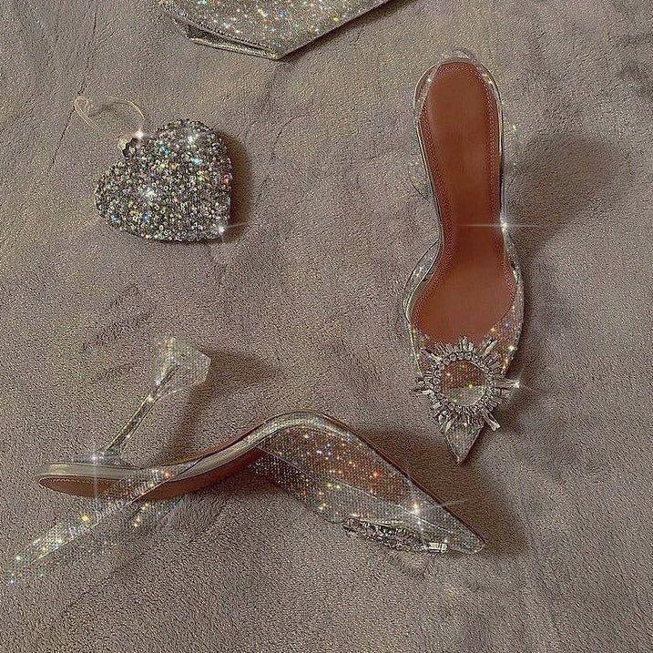 Cinderella Pointed Toe Crystal Brooch Heels - Clear / 3.5 in (9 cm) / 3 - Mermaid Way