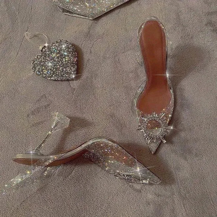 Cinderella Pointed Toe Crystal Brooch Heels ‍ Mermaid Way, Clear / 2.7 in (7 cm) / 15
