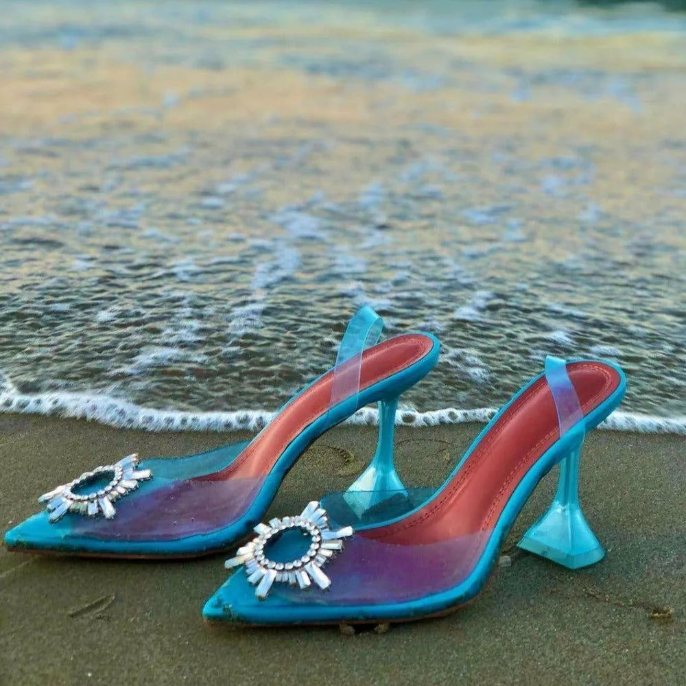 Color Cinderella Pointed Toe Crystal Brooch Heels - Light Blue / 3 - Mermaid Way