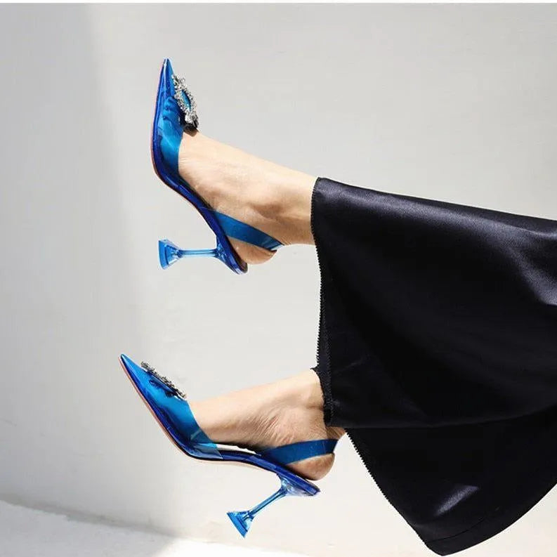 Color Cinderella Pointed Toe Crystal Brooch Heels - Light Blue / 3 - Mermaid Way