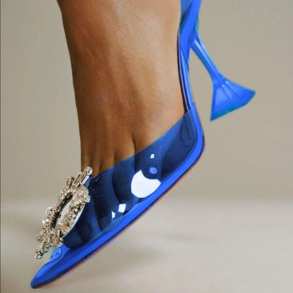 Color Cinderella Pointed Toe Crystal Brooch Heels - Light Blue / 3 - Mermaid Way