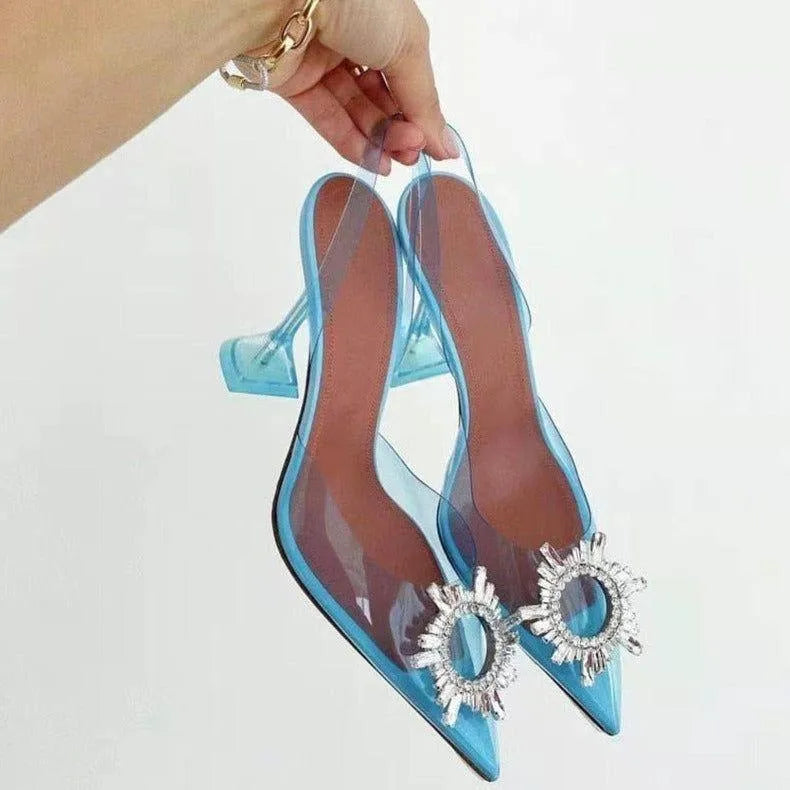 Color Cinderella Pointed Toe Crystal Brooch Heels - Light Blue / 3 - Mermaid Way