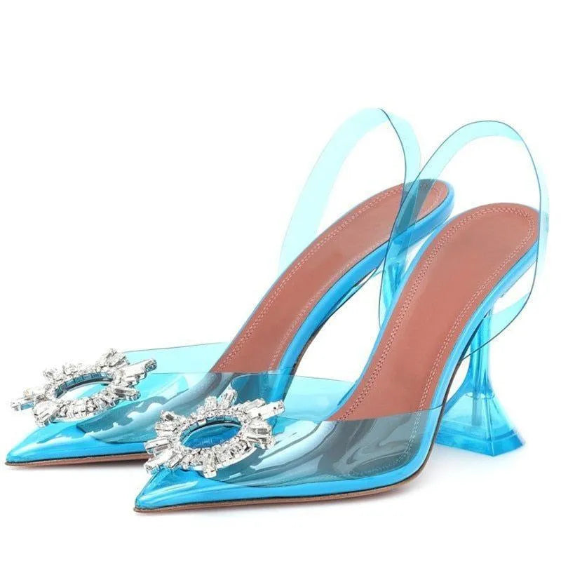 Color Cinderella Pointed Toe Crystal Brooch Heels - Light Blue / 3 - Mermaid Way