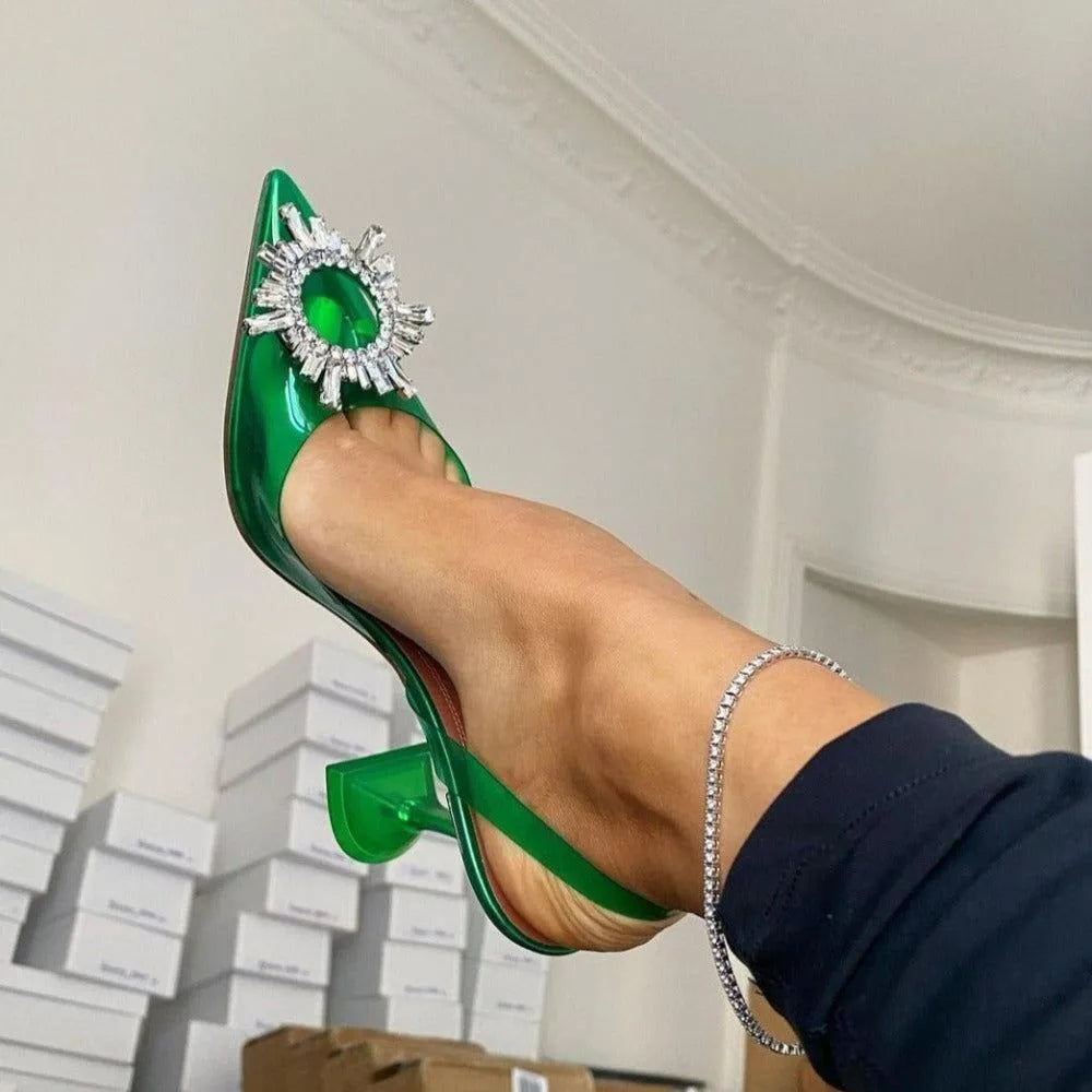 Color Cinderella Pointed Toe Crystal Brooch Heels - Green / 3 - Mermaid Way
