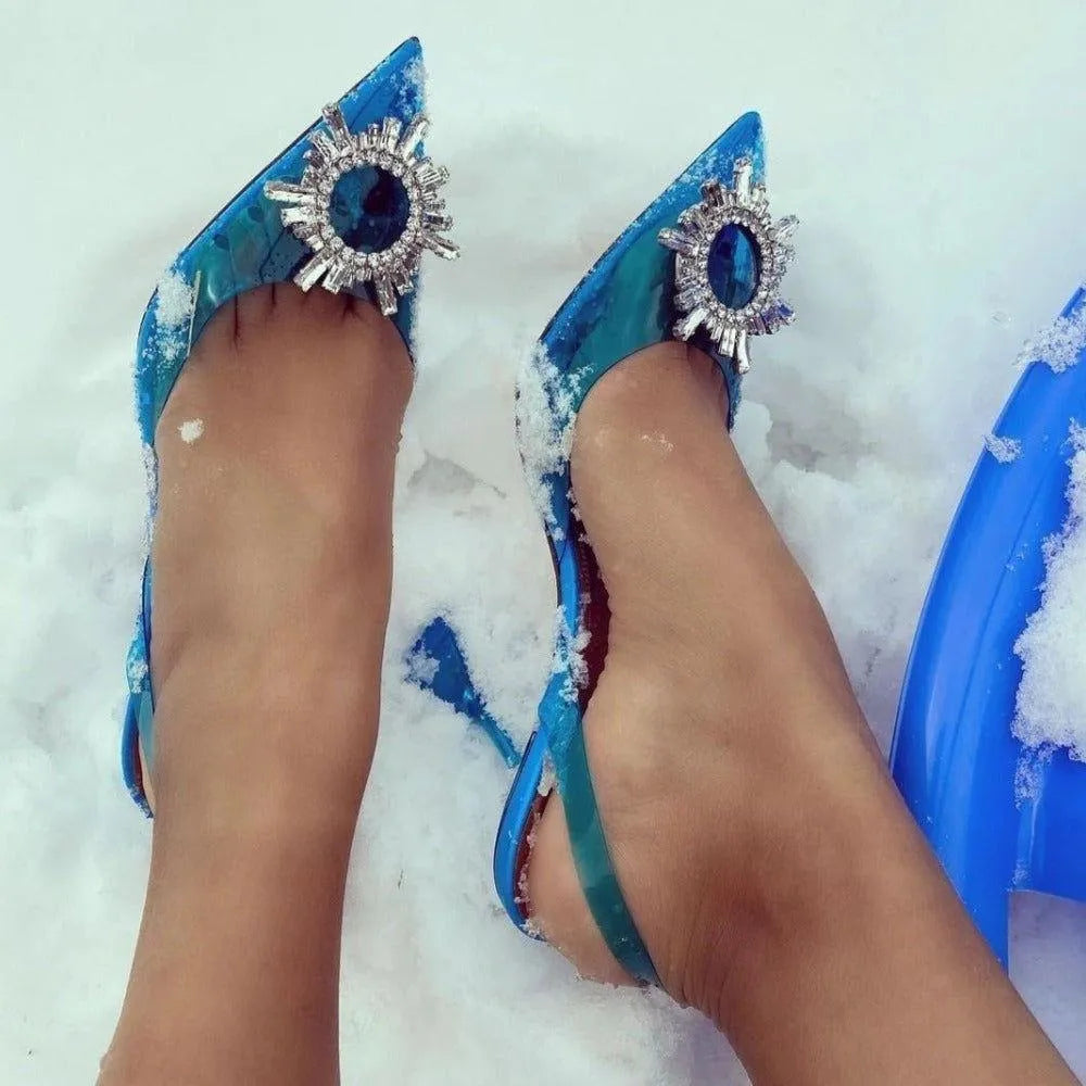 Color Cinderella Pointed Toe Crystal Brooch Heels - Light Blue / 3 - Mermaid Way
