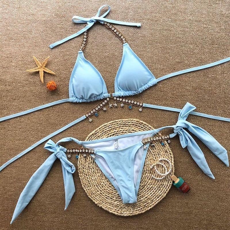 Crystal Rhinestone Detail Triangle Tie Side Halter Bikini - Blue / S - Mermaid Way