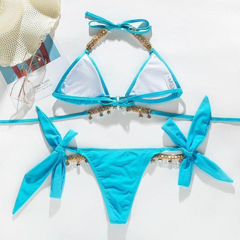 Crystal Rhinestone Detail Triangle Tie Side Halter Bikini - Blue / S - Mermaid Way