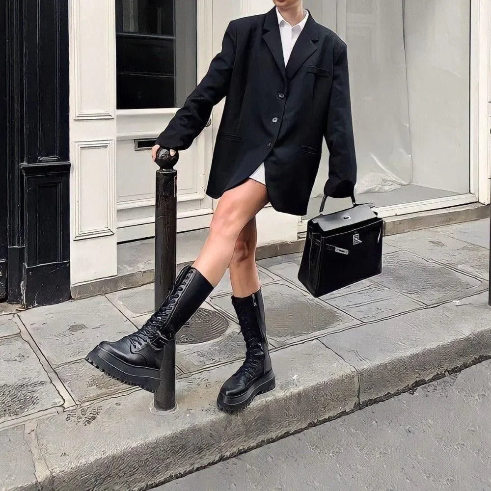 Denise Lace Up Chunky Platform Boots in Black