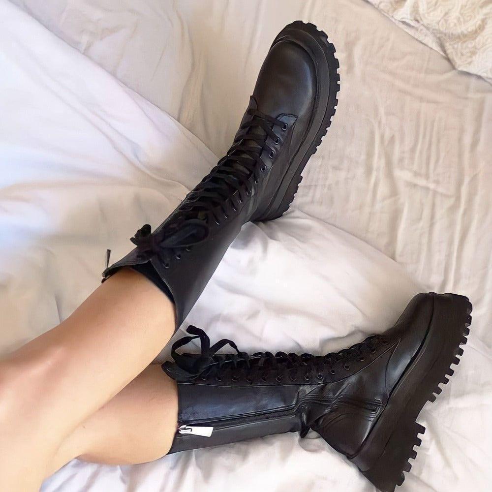 Denise Lace Up Chunky Platform Boots - Black / 5 - Mermaid Way