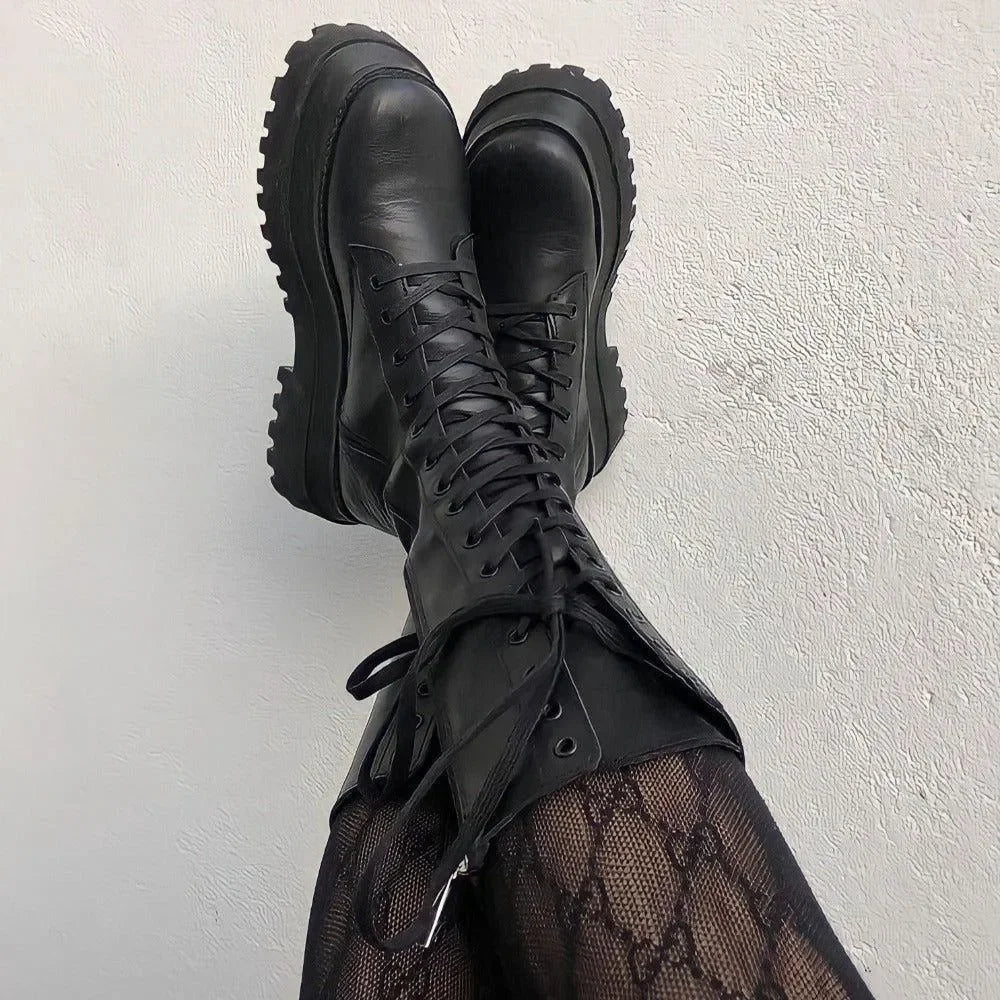 Denise Lace Up Chunky Platform Boots in Black