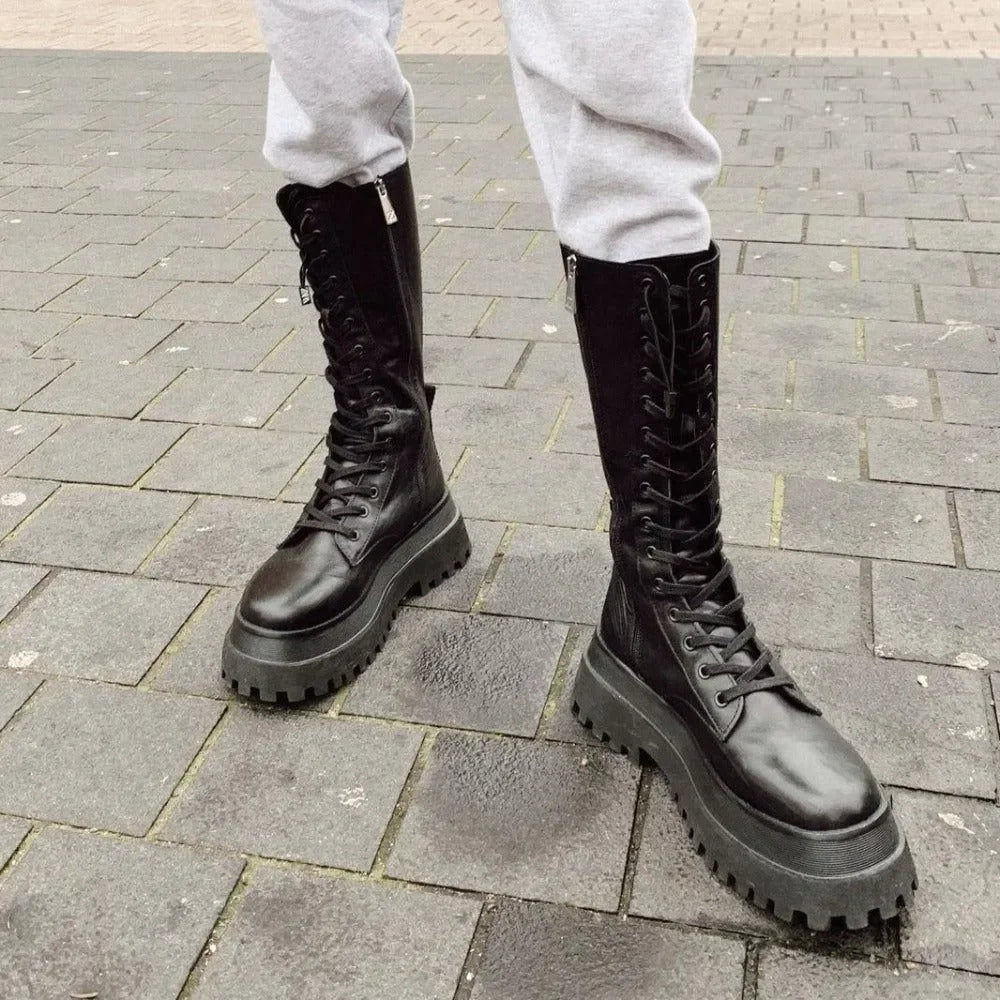 Denise Lace Up Chunky Platform Boots in Black