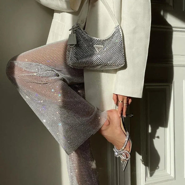 sparkling mesh pants with rhinestones, crystal heels and matching bag, party outfit