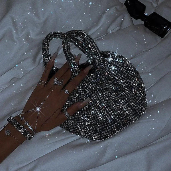crystal-encrusted handbag with rhinestone jewelry, glamorous evening accessory