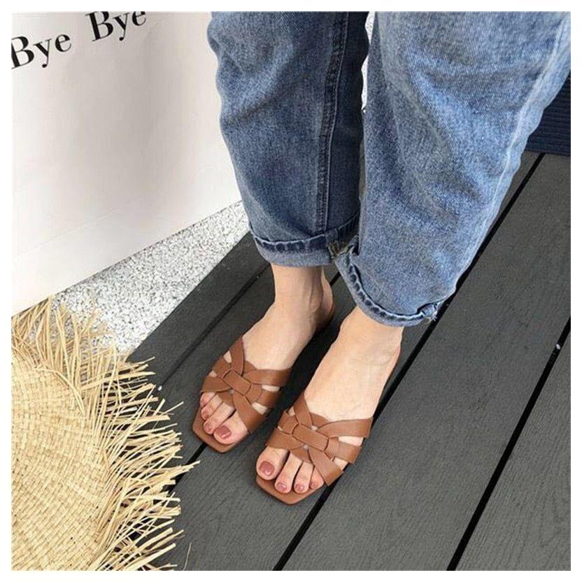 Dione Square Toe Flat Slide-On Sandals - Brown / 5 - Mermaid Way