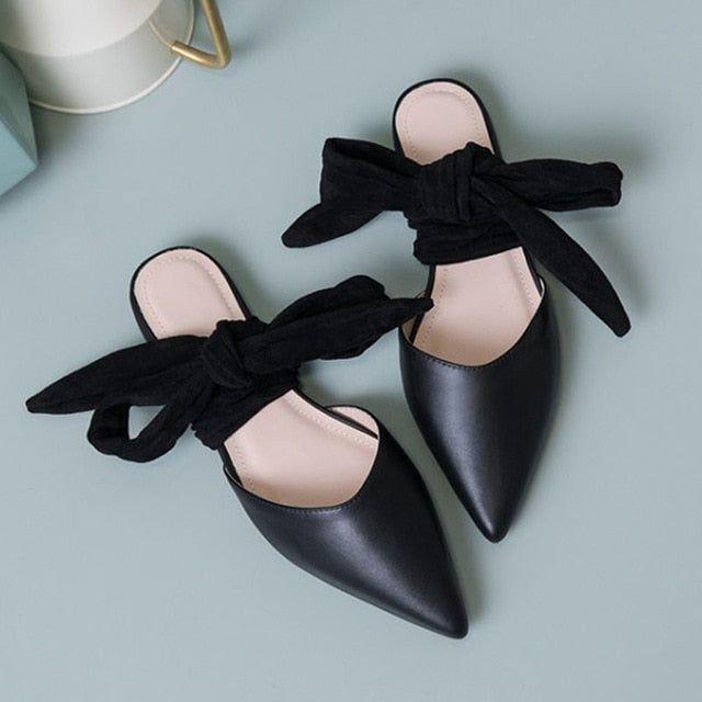 Dorrin Ankle Bow Tie Slippers - Black / 4.5 - Mermaid Way