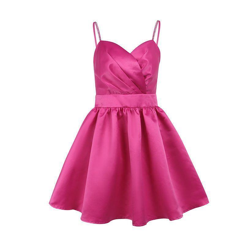 Elysia Elegant Rhinestone Strap Puff Cocktail Mini Dress - Hot Pink / M - Mermaid Way