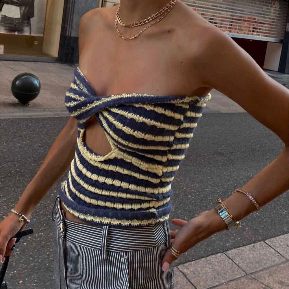 Euro Striped Twist Cutout Strapless Knitted Crop Top - Dark Blue / S - Mermaid Way