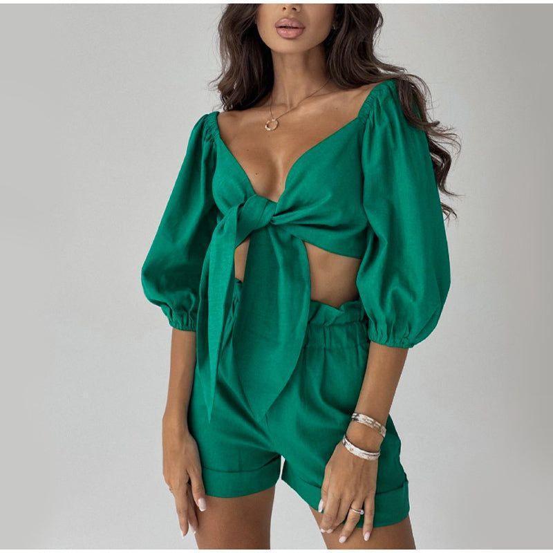 Everhart Front Tie Cotton Two-Piece Set - Green / S - Mermaid Way